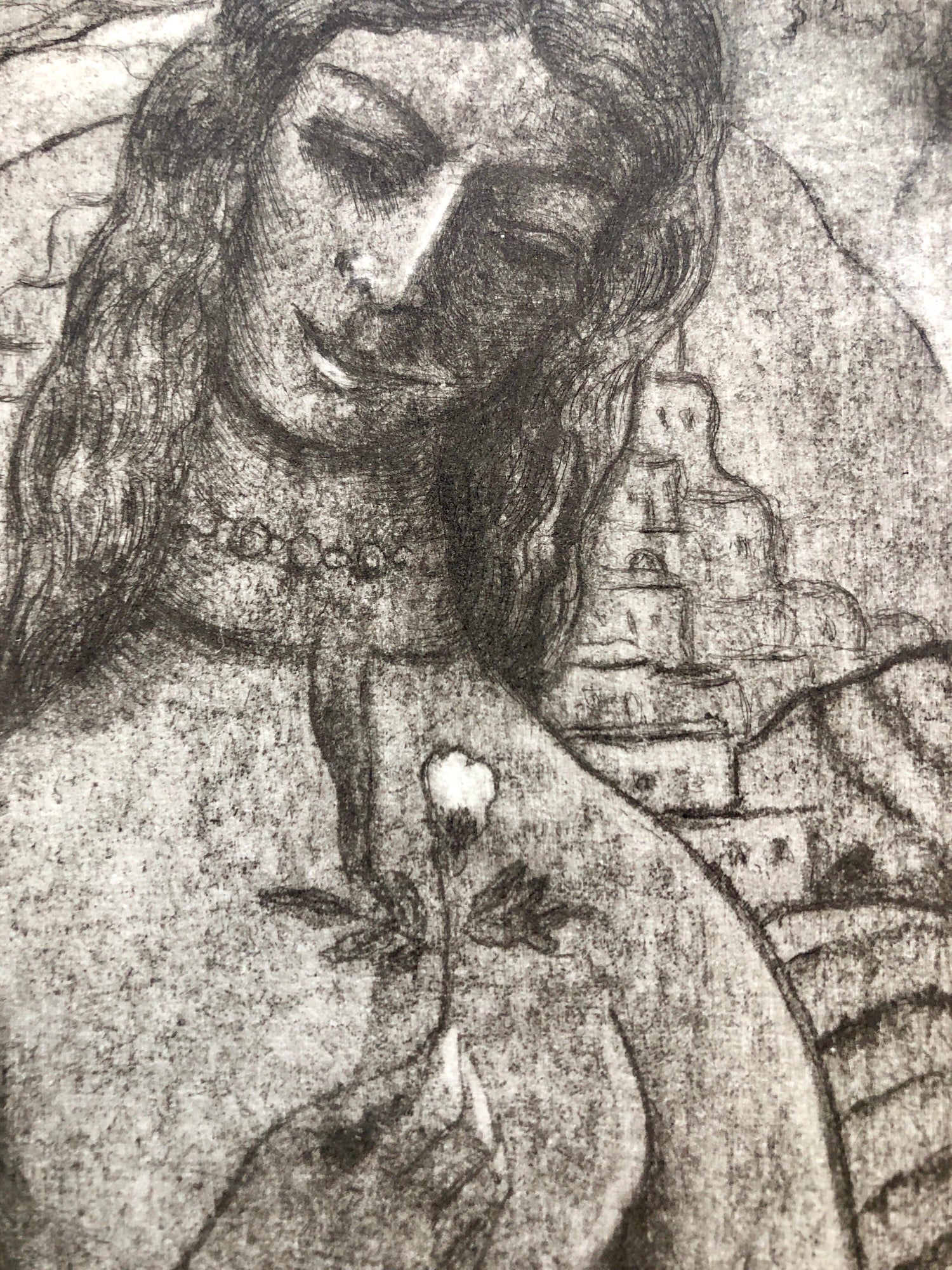 Modernist "I Am Black But Comely" Etching Israeli Judaica Bezalel School Woman