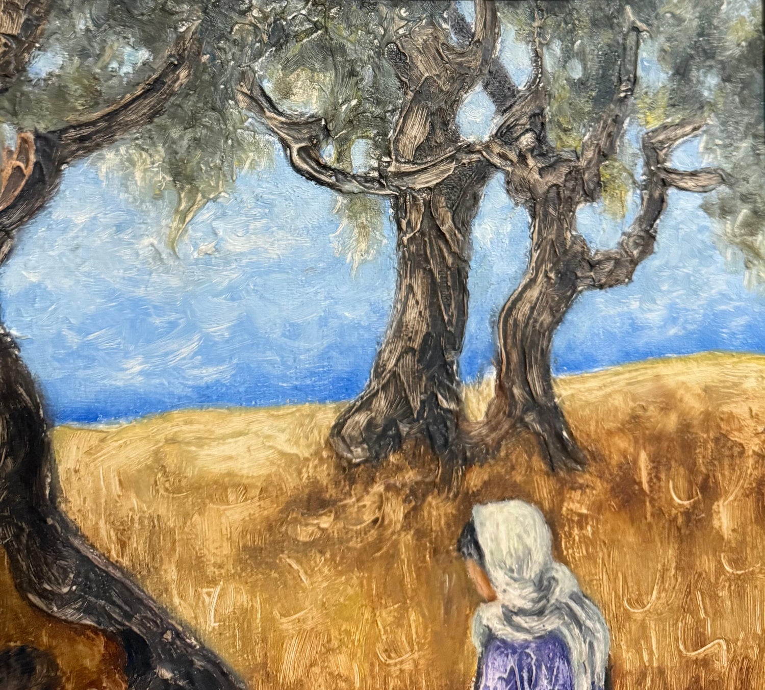Modernist Picnic Olive Trees Israel Landscape Oil Painting Zvi Livni Israeli Art