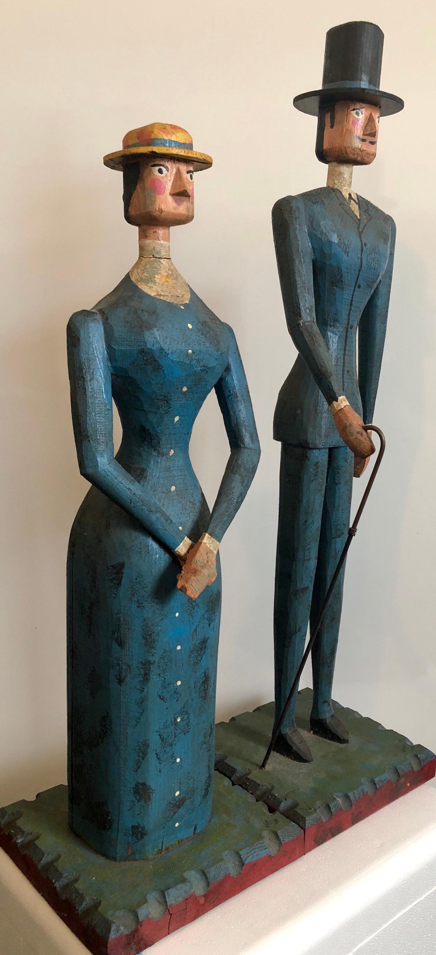 Hand Carved Painted Wood Folk Art Americana Sculpture Pair American Gothic