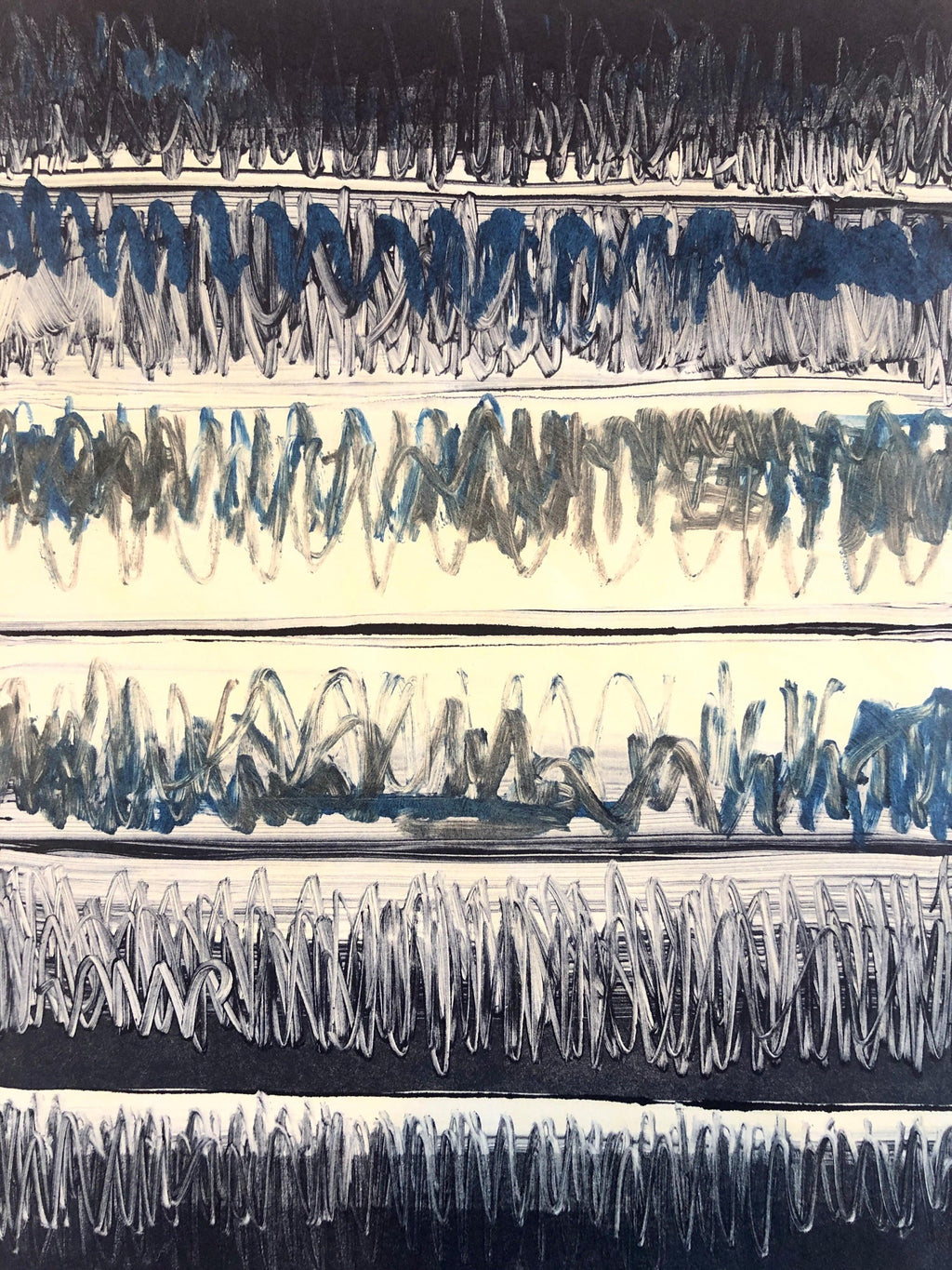 Abstract Expressionist Modernist Denim Blue Monoprint Monotype Painting Print