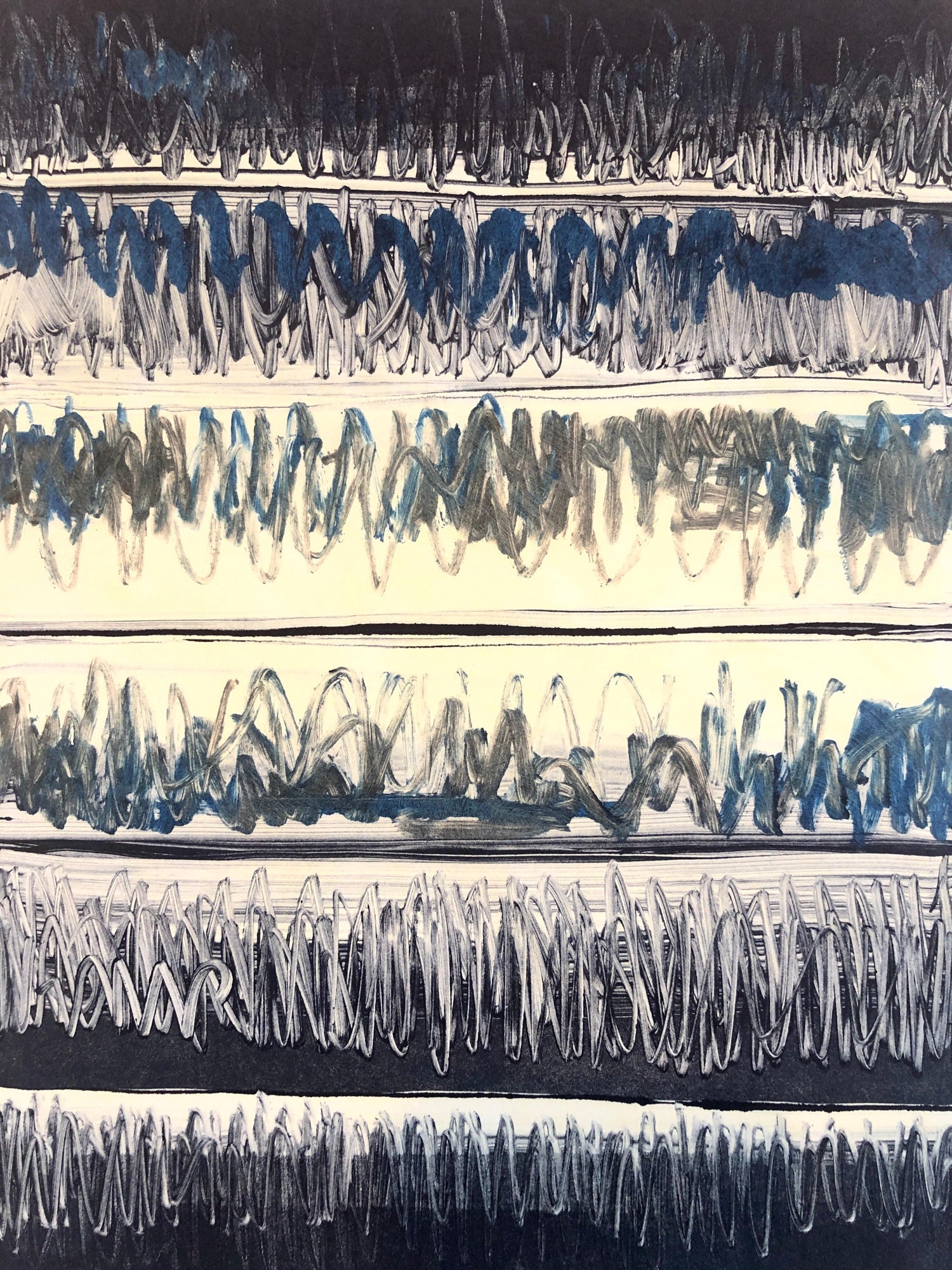 Abstract Expressionist Modernist Denim Blue Monoprint Monotype Painting Print