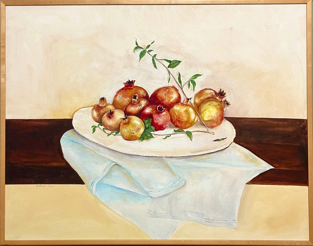Israeli Folk Art Oil Painting Pomegranates Naive Style Still Life Hedva Yardeni