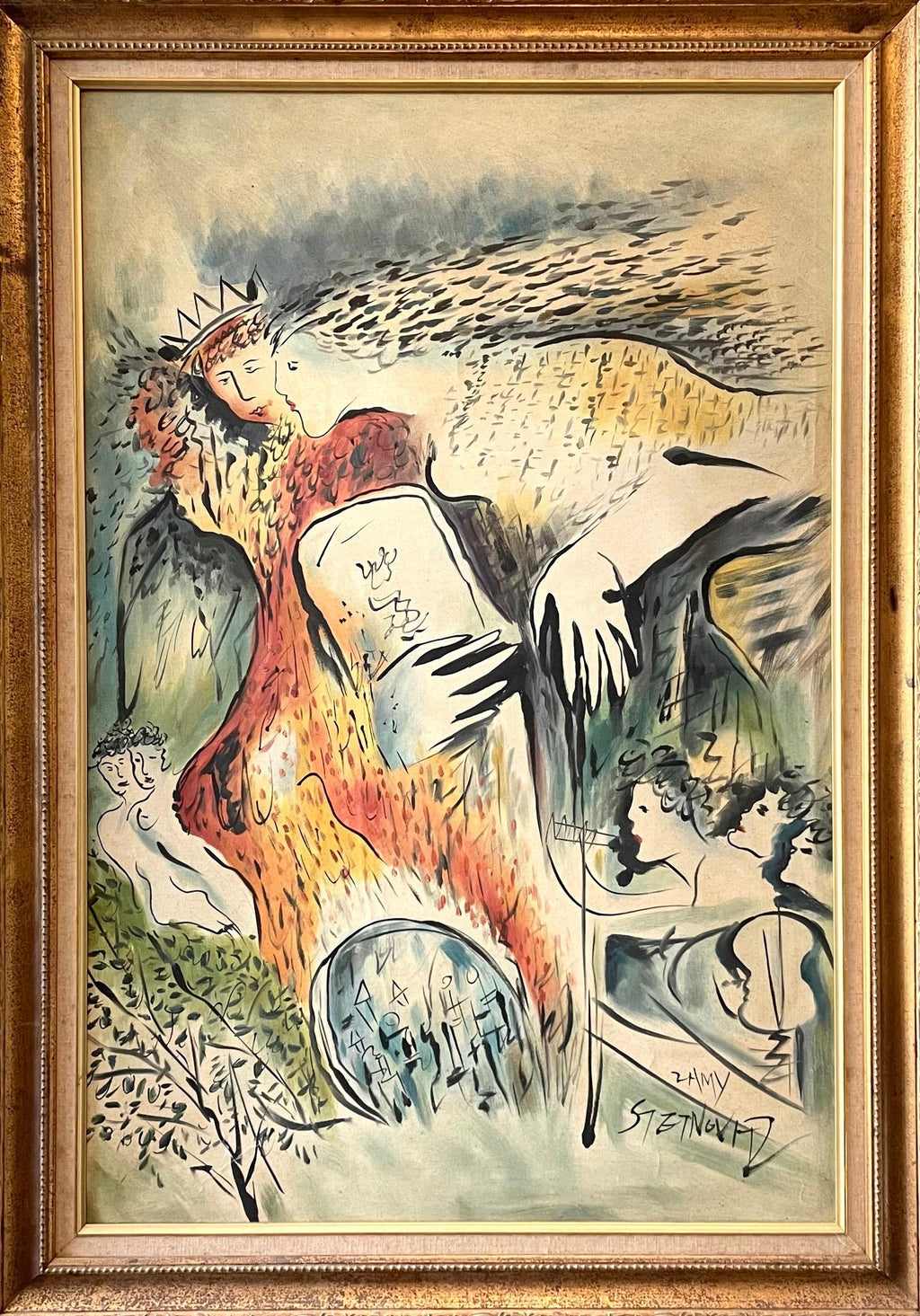 Israeli Judaica Original Painting King David and Angel Polish Artist Arie Dubi