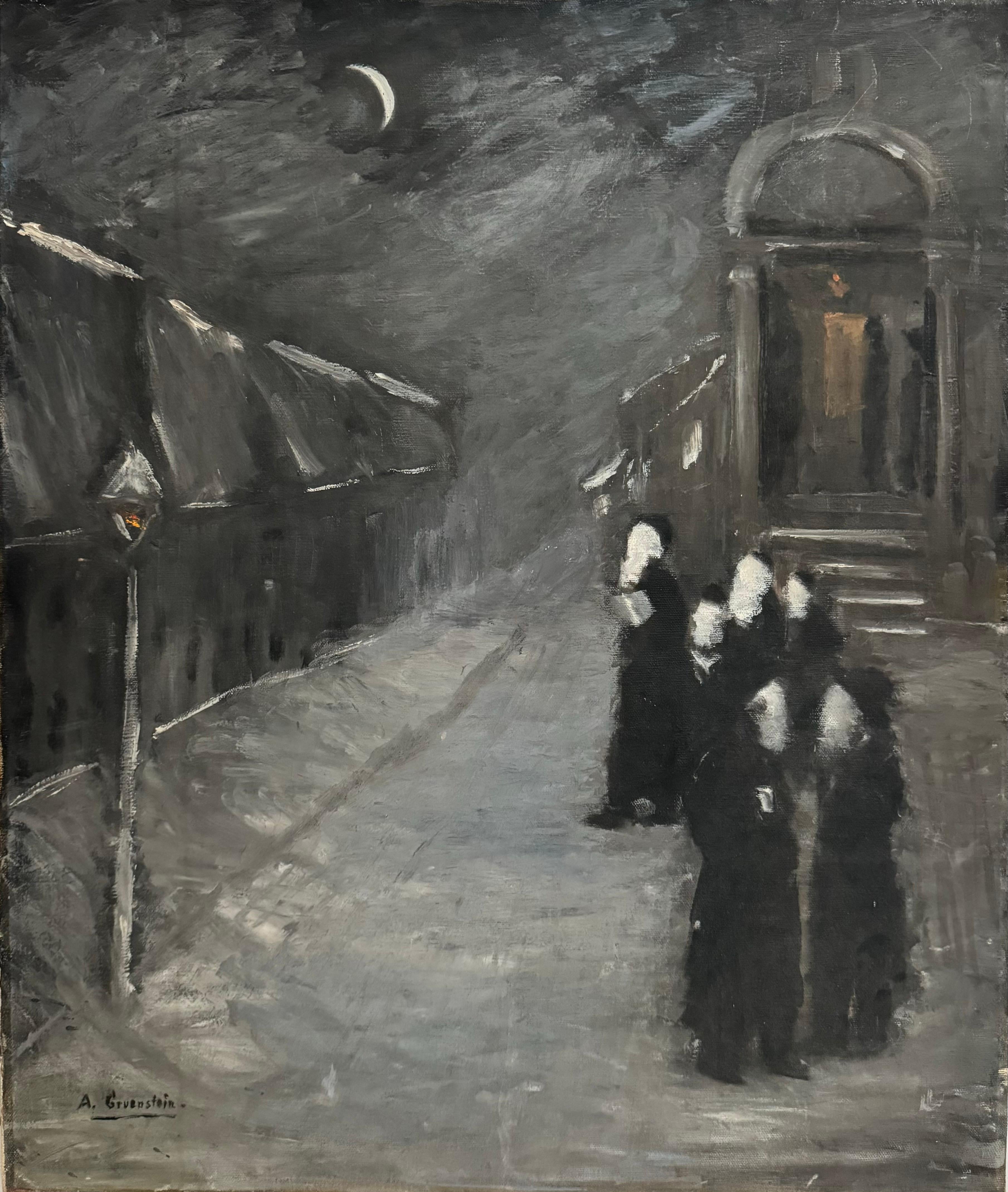 Pre War European Hasidic Rabbi Kiddush Levana (Moon) German Judaica Oil Painting