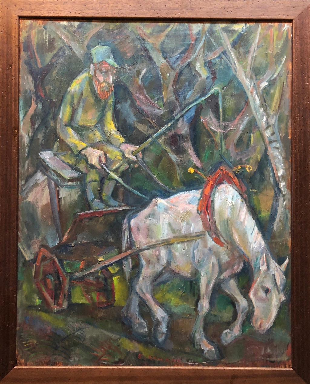 Large Modernist Oil Painting 1940s, Judaica Hasidic Shtetl Wagon Driver WPA Era