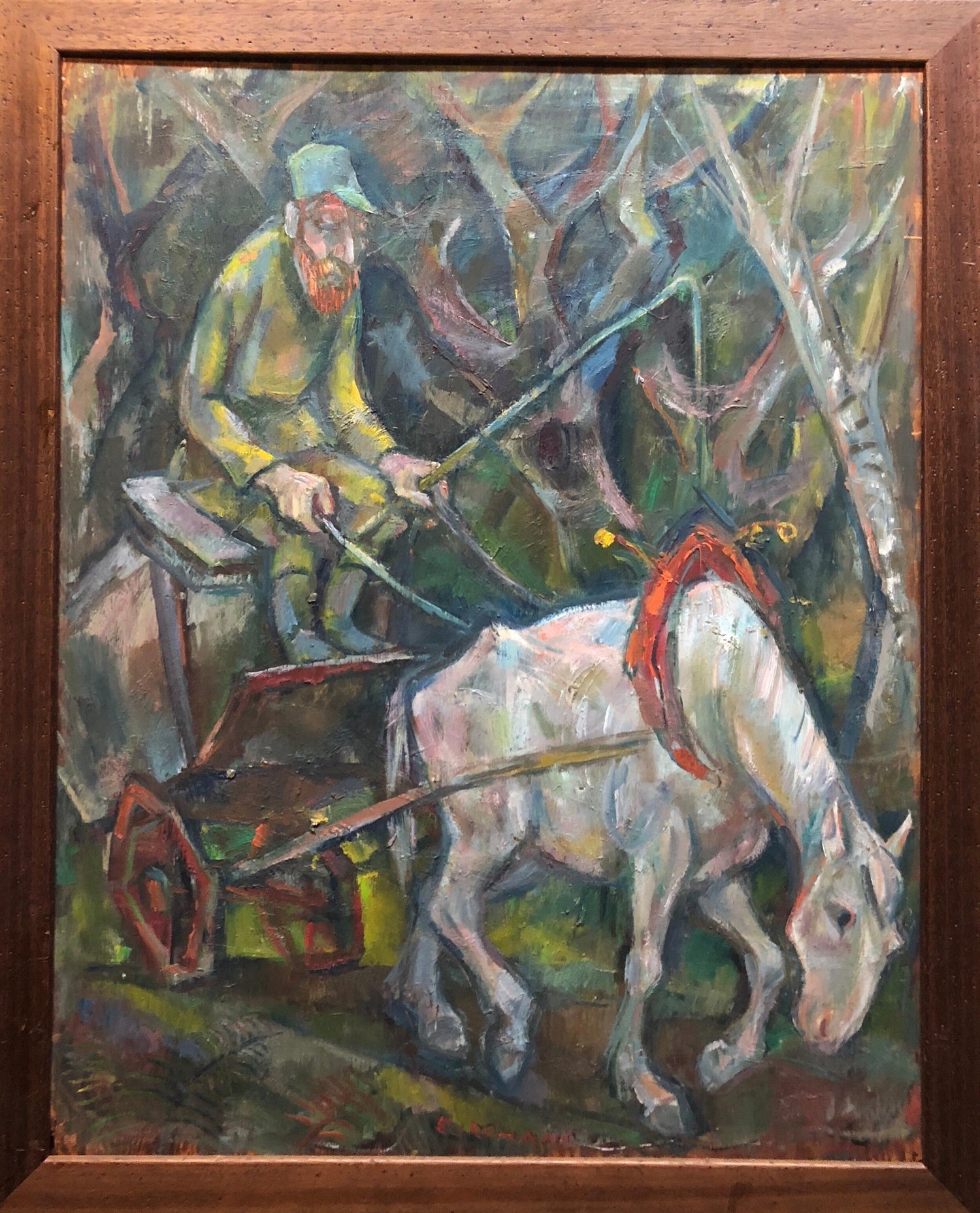 Large Modernist Oil Painting 1940s, Judaica Hasidic Shtetl Wagon Driver WPA Era