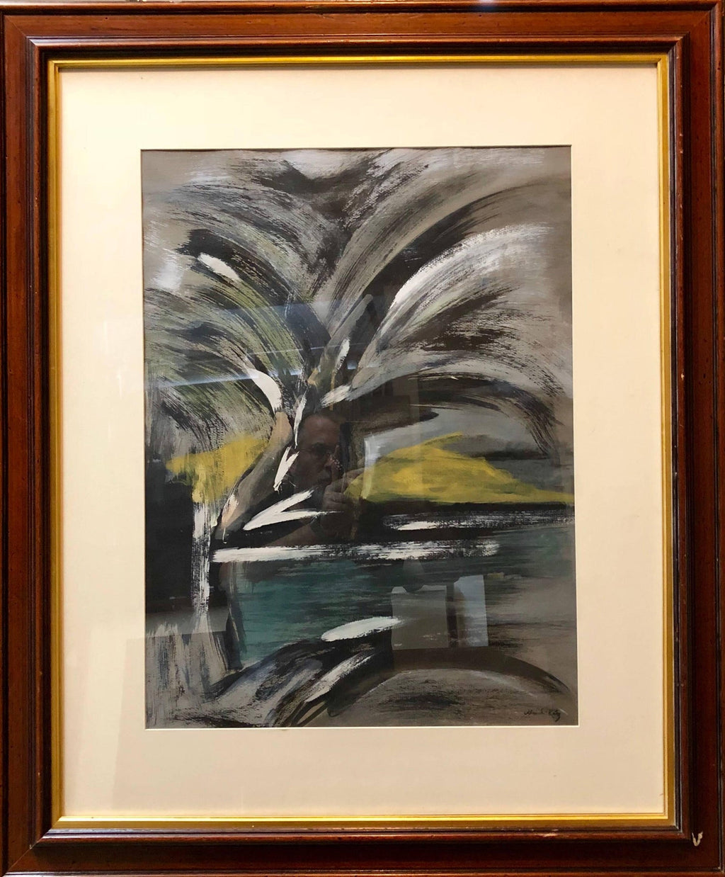 Abstract Landscape with Palm Tree Judaica Gouache Painting