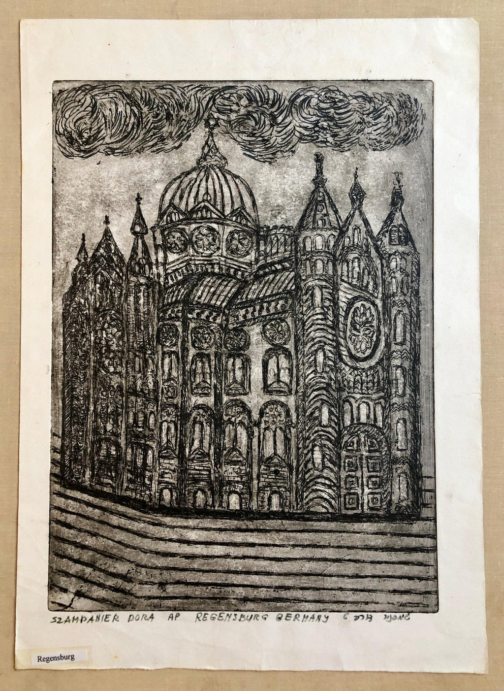 Regensburg Germany Jewish Memorial Etching Destroyed Synagogue Folk Art Judaica