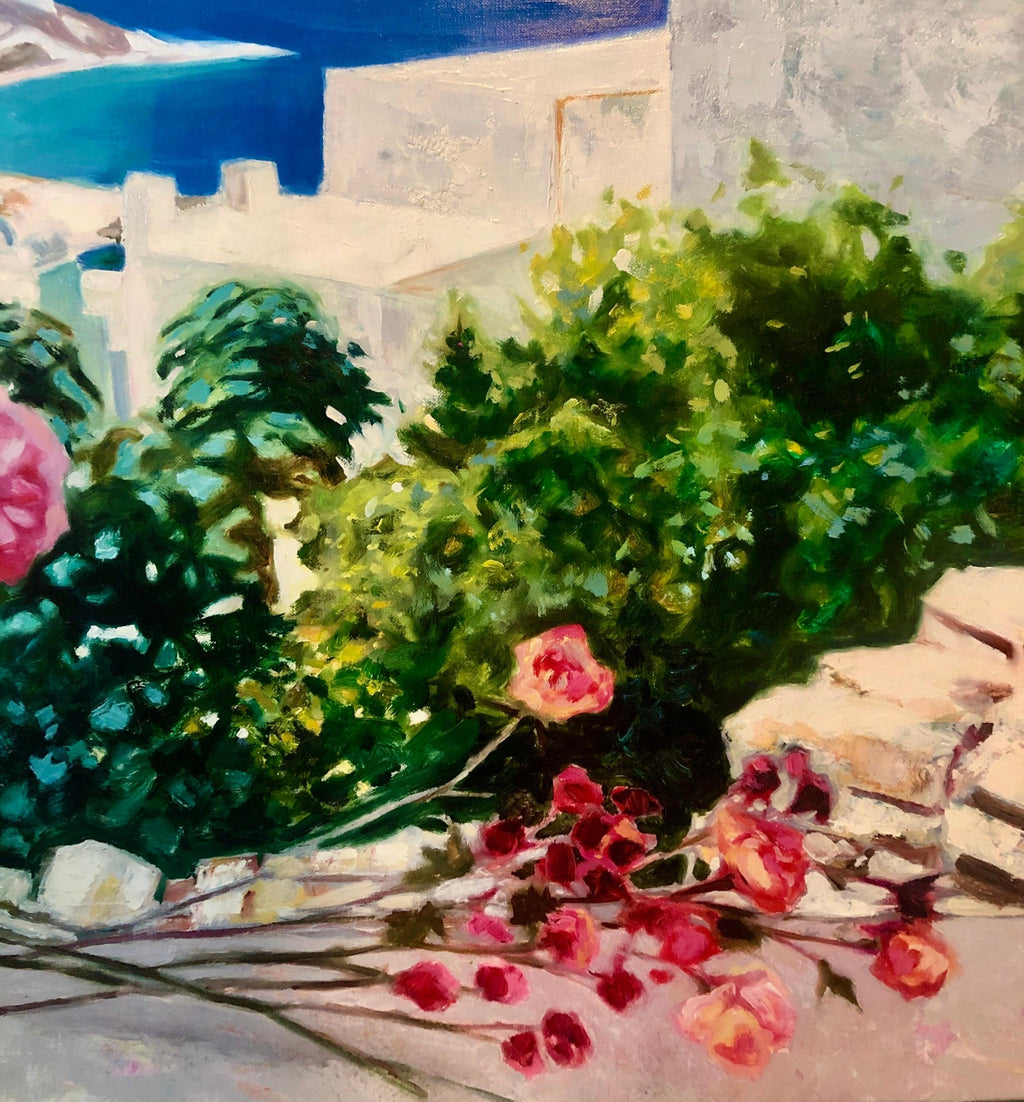 Large Colorful French Oil Painting Greek Island Landscape Flowers George Blouin