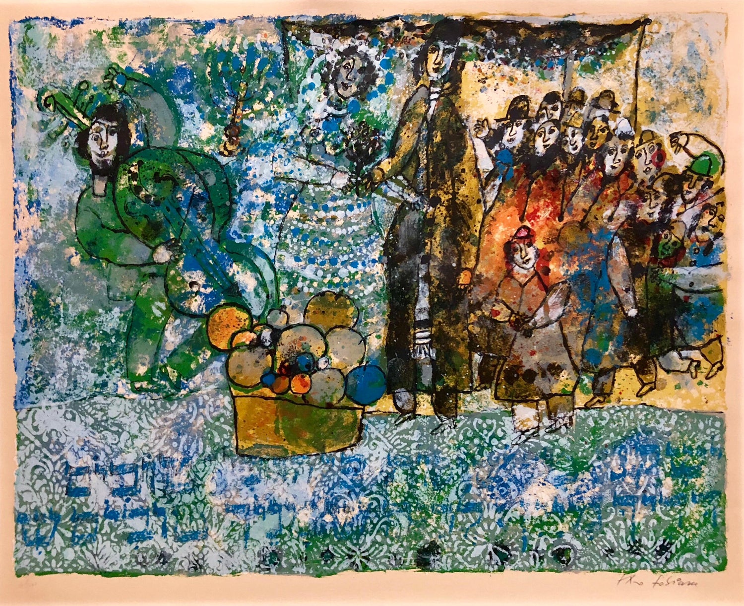 Chicago Jewish Modernist Judaica Painting Simchat Torah WPA Artist Israeli Flags
