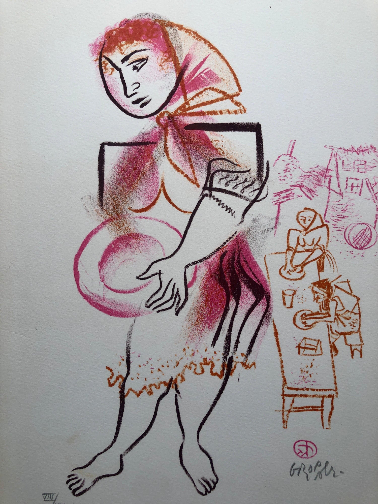 Women, Dishes, Shtetl Americana Judaica Lithograph WPA Social Realist Artist