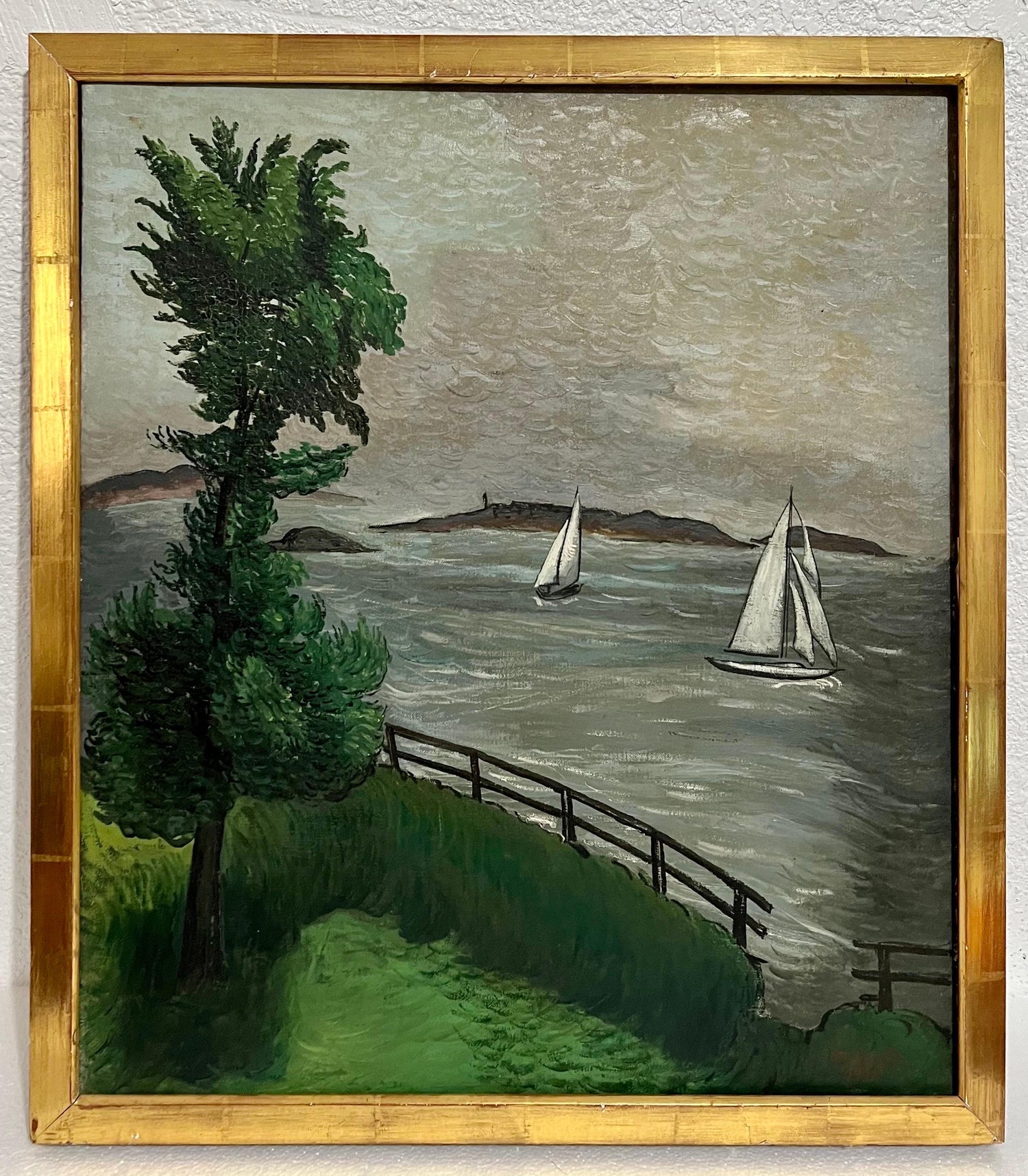 1930 Oil Painting Sea Side Sailboats American Modernist WPA Artist Morris Kantor