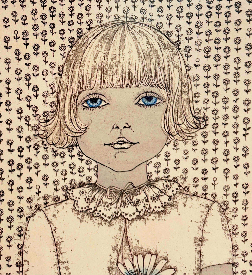 Hand Colored Etching Cuca Romley Naive Folk Art Young Girl Period Frame