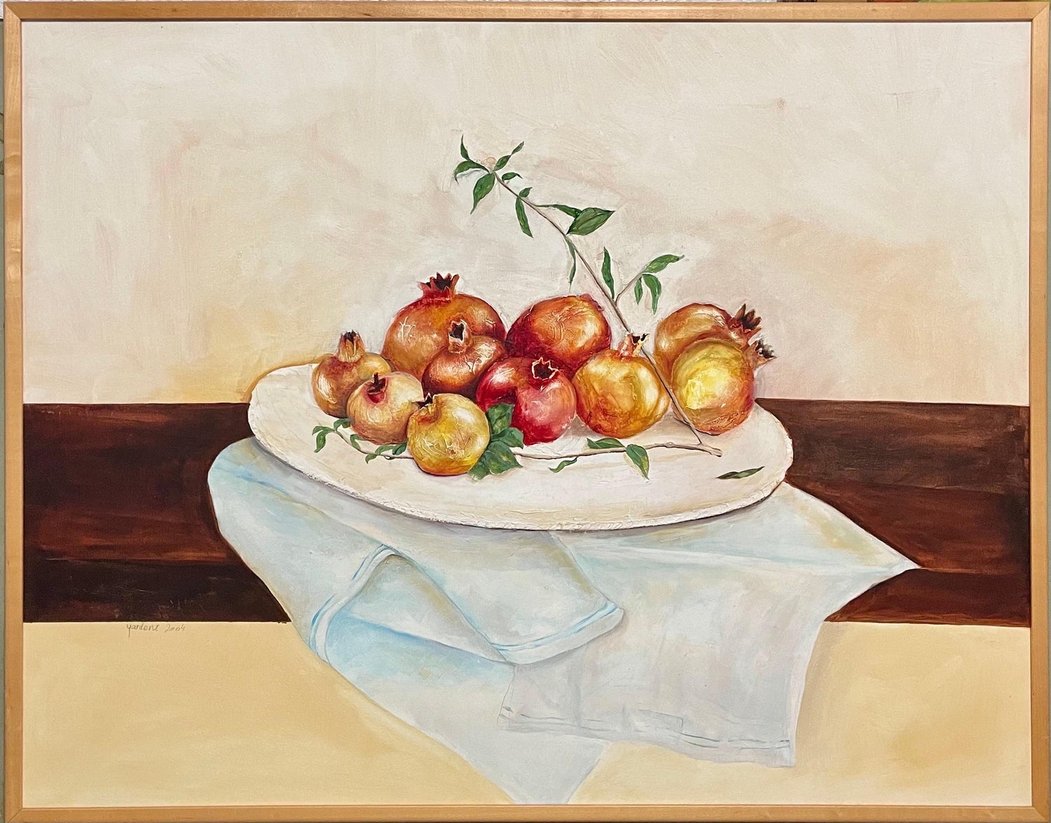 Israeli Folk Art Oil Painting Pomegranates Naive Style Still Life Hedva Yardeni