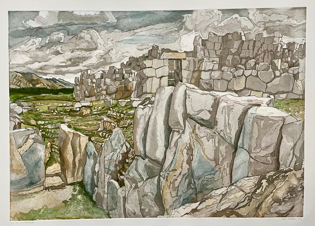 American Modernist  Sacsahuaman Landscape Aquatint Etching Philip Pearlstein