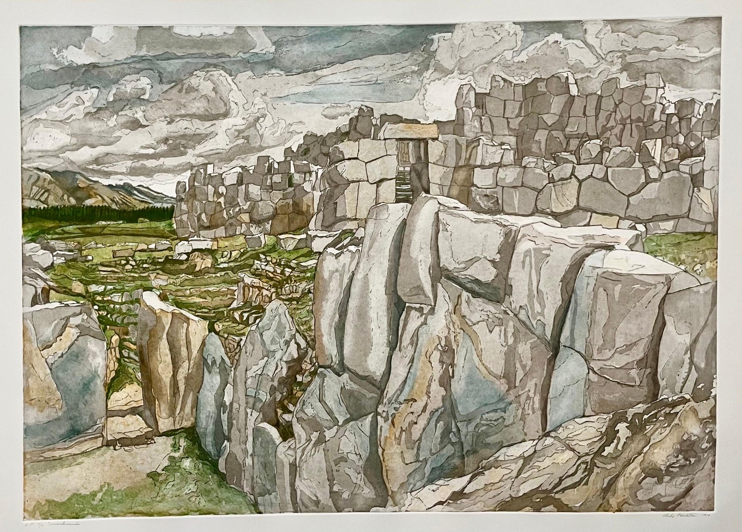 Large American Modern Stonehenge Landscape Aquatint Etching Philip Pearlstein
