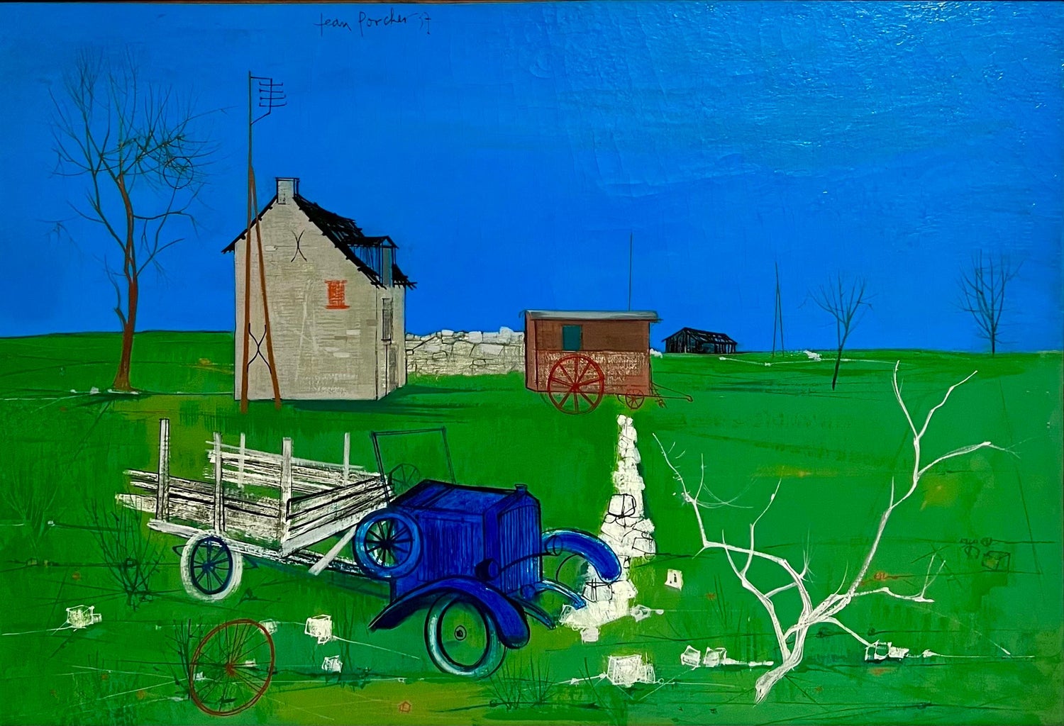 1950's Mid Century French Modernism Abandoned Fiat Automobile Art  Oil Painting