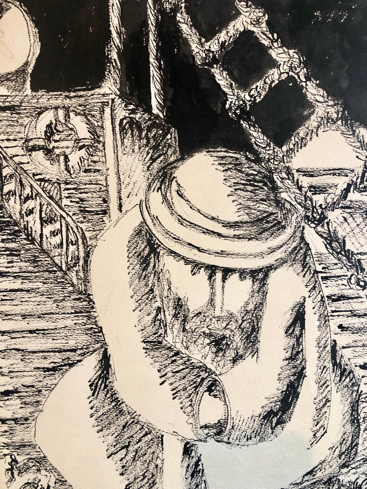 Modernist Judaica Jewish Ink Drawing Painting "New Immigrant" Off the Boat WPA