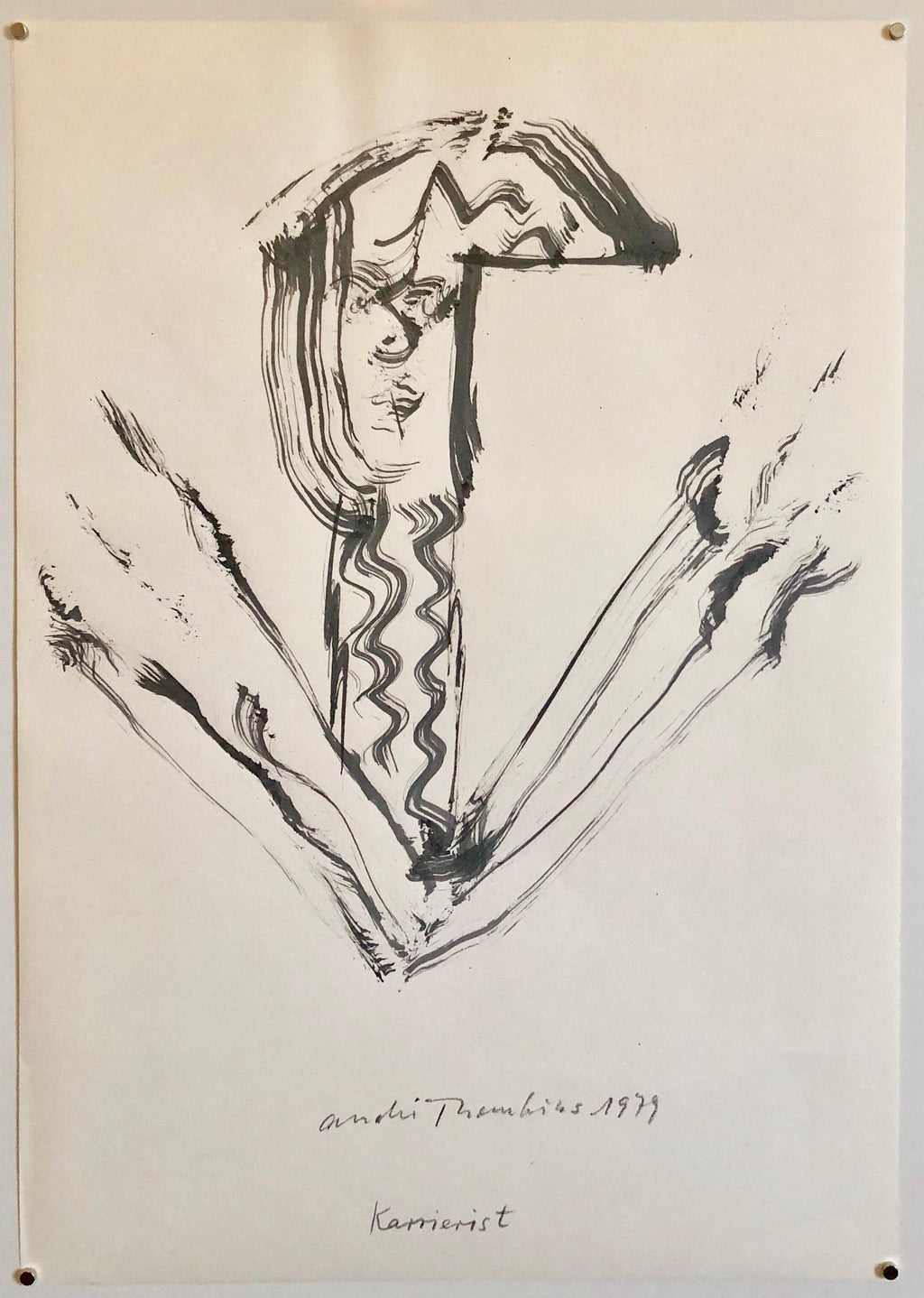 70s Modernist Swiss Dada Surrealist Painting Signed Andre Thomkins Brush Drawing