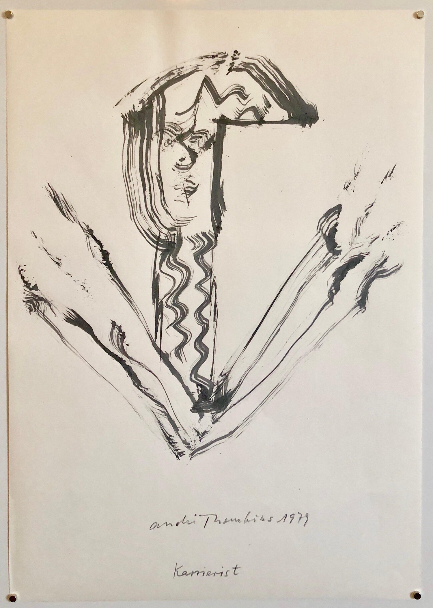 70s Modernist Swiss Dada Surrealist Painting Signed Andre Thomkins Brush Drawing