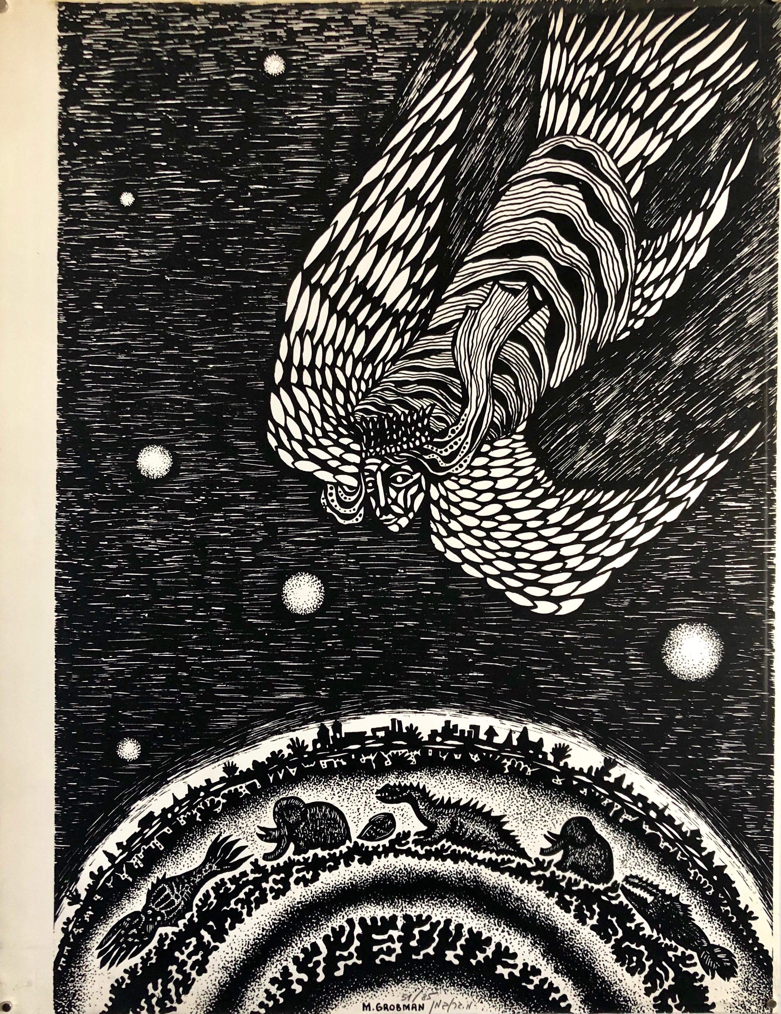 Large Post Soviet Non Conformist Russian Israeli Angel Lithograph Print