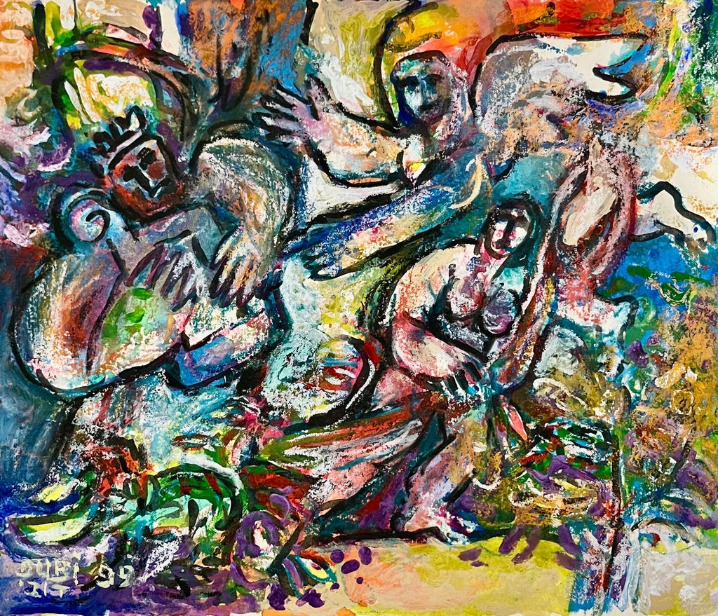 Israeli Judaica Original Painting "The Lovers" in Garden Polish Artist Arie Dubi
