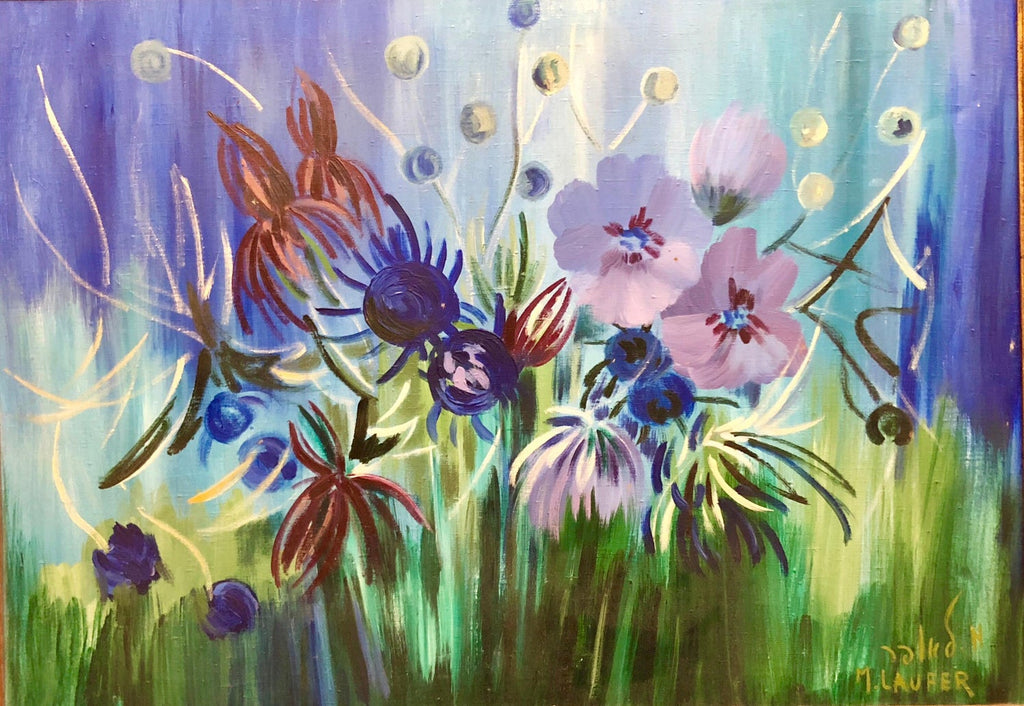 Israeli Large Vibrant Surrealist Flowers Oil Painting