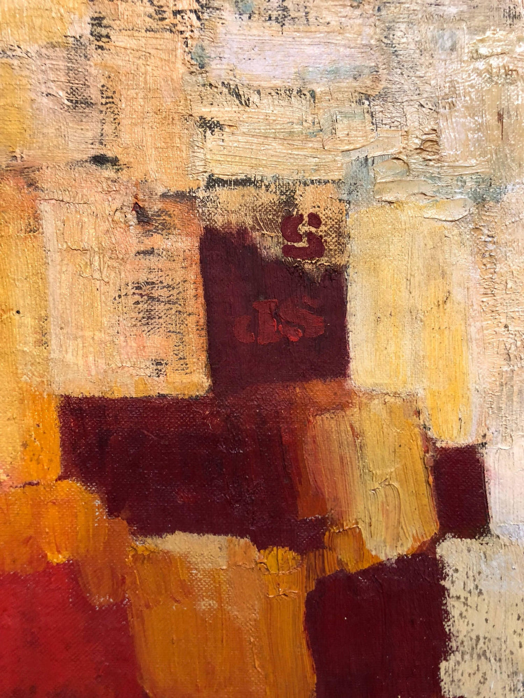 Abstract Orange Squares on Yellow "Spain" Stencilled Letters Mod Oil Painting
