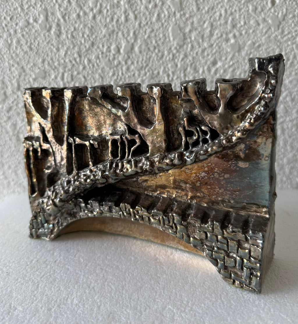 Artist Designed Signed Judaica Israeli Menorah Candelabra Sculpture Silver Plate