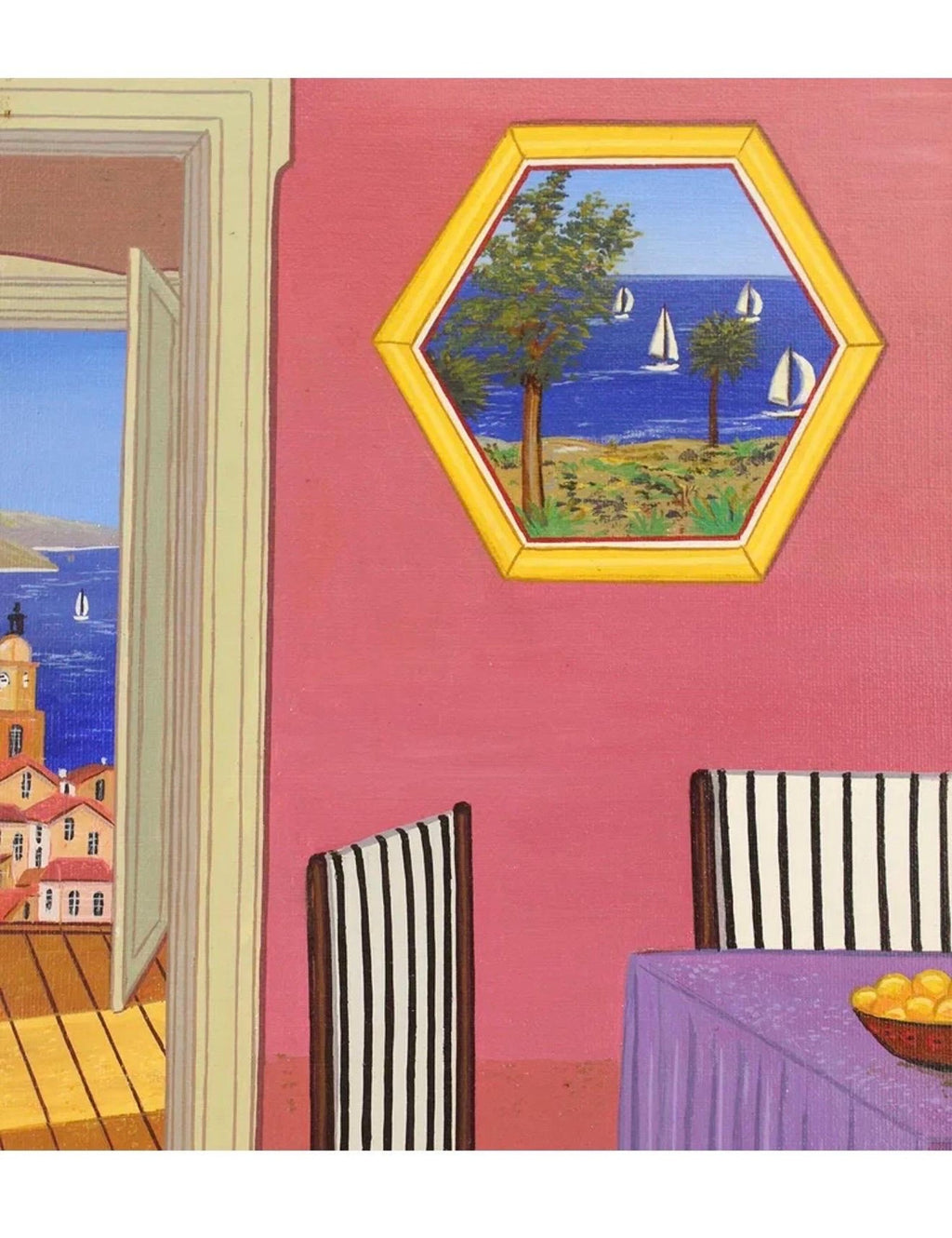 Whimsical Naive Mediterranean Seaside Interior Folk Art Oil Painting Fanch Ledan