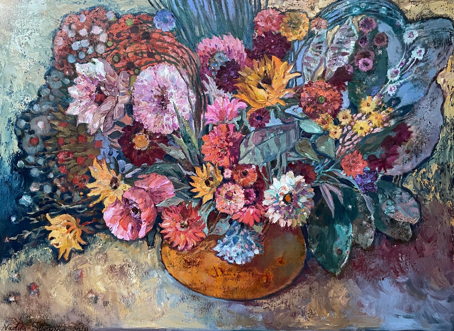 Israeli Large Vibrant Surrealist Flowers Oil Painting