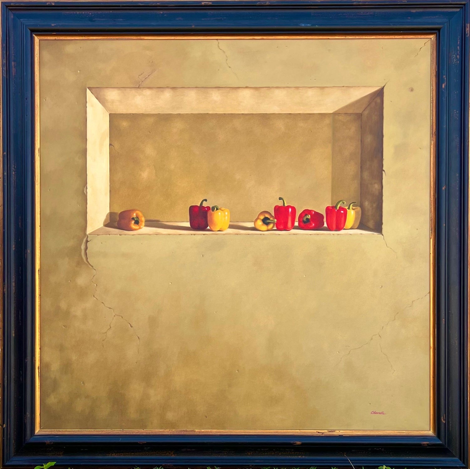 Large Trompe L'oeil Oil Painting Rene Chavelle Belgian Photo Realist Peppers