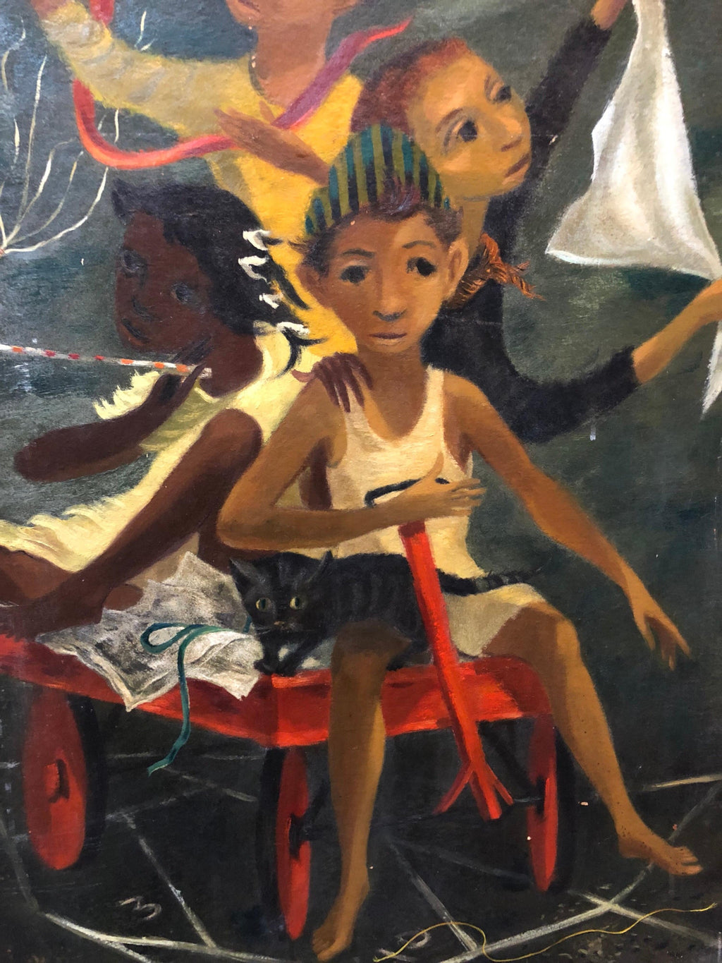 Modernist Oil Painting Social Realist Kids and Cat in Red Wagon WPA Style