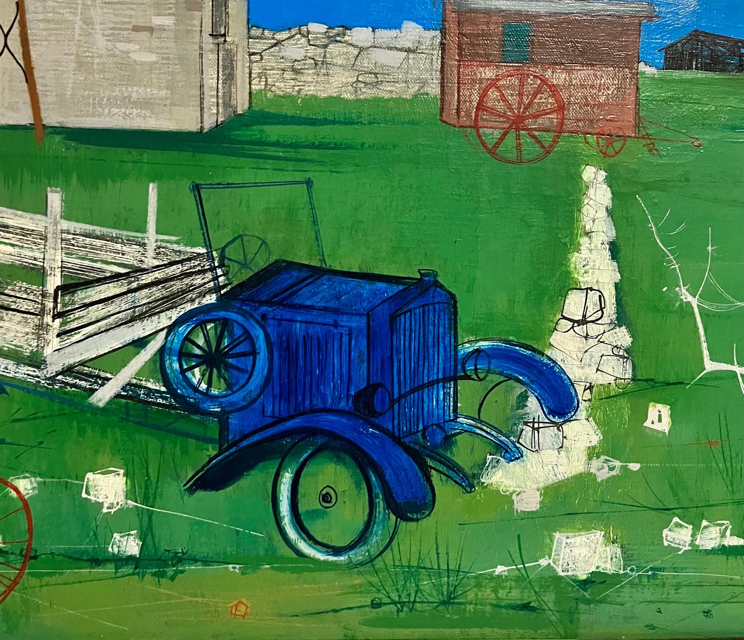 1950's Mid Century French Modernism Abandoned Fiat Automobile Art  Oil Painting