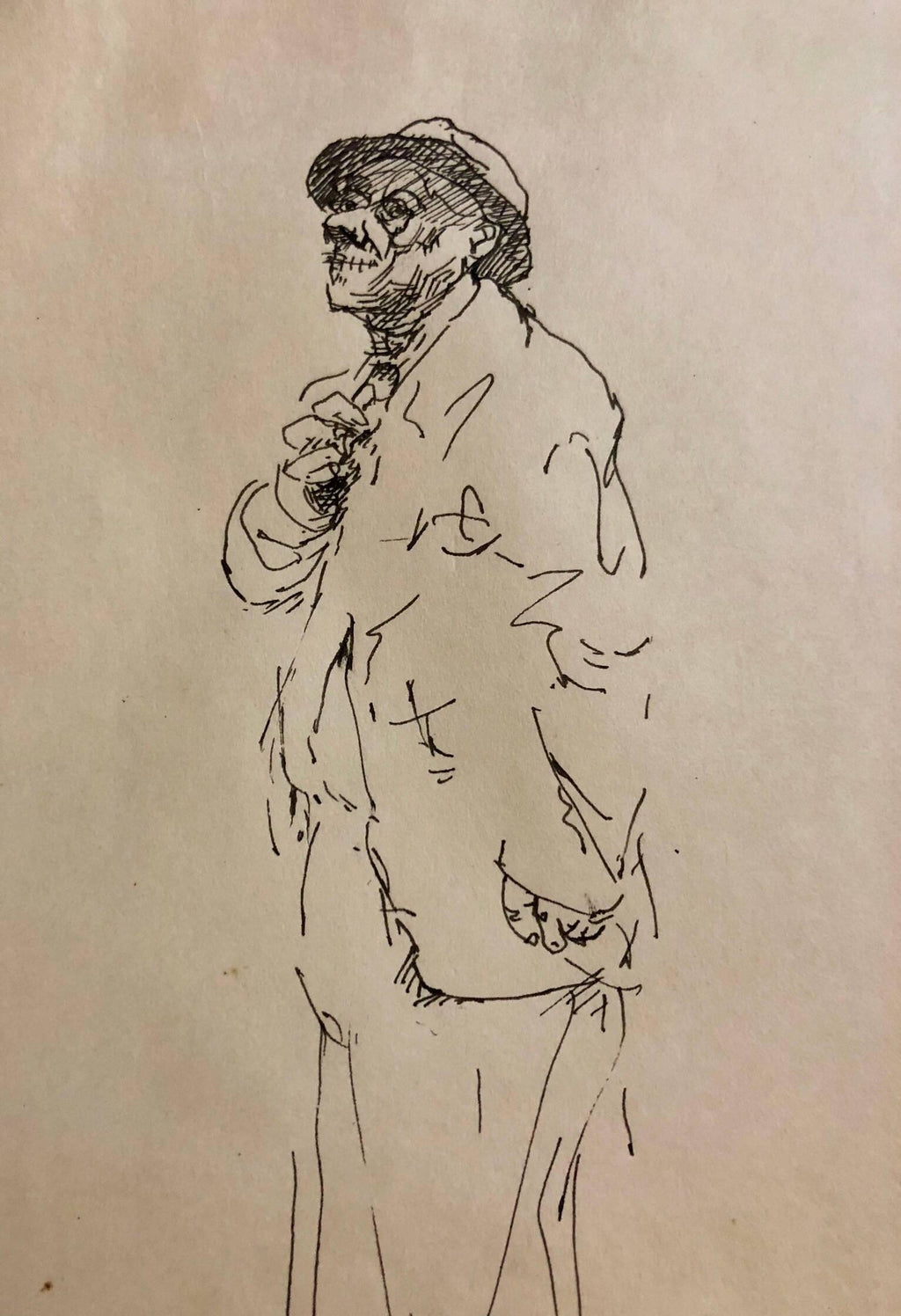 Ink Drawing Man in Suit and Hat with Nude