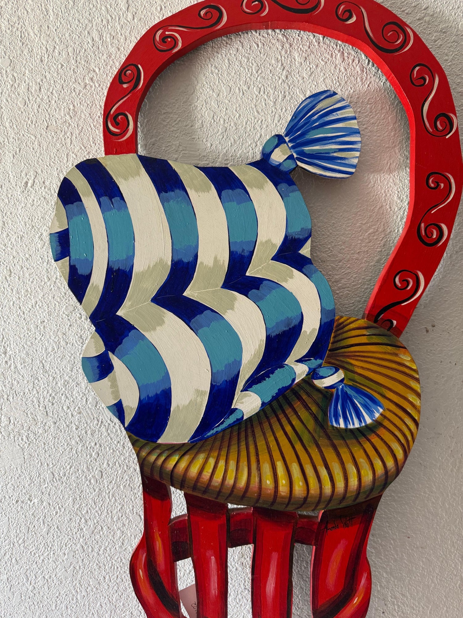 Pop Art Painting Carved Wall Sculpture Amanda Watt Thatched Chair Vibrant Color