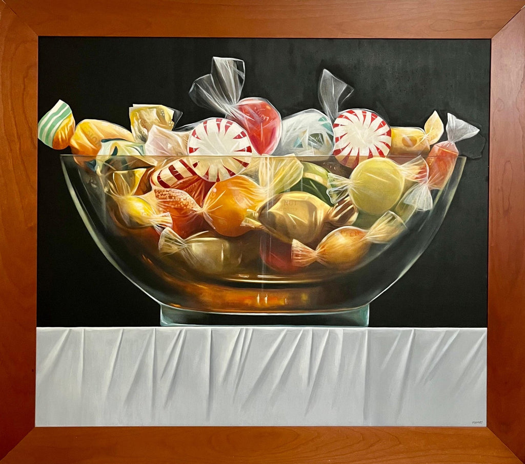 Original James Tormey Photo Realist Oil Painting Still Life Candy Bowl Pop Art