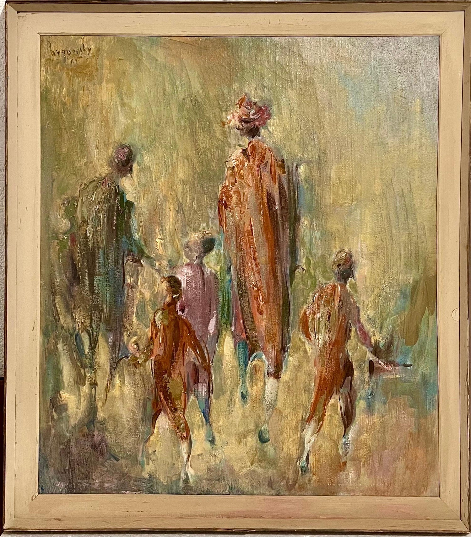 Large Judaica Oil Painting Samuel Grodensky Hasidic Rabbi, Children in Jerusalem