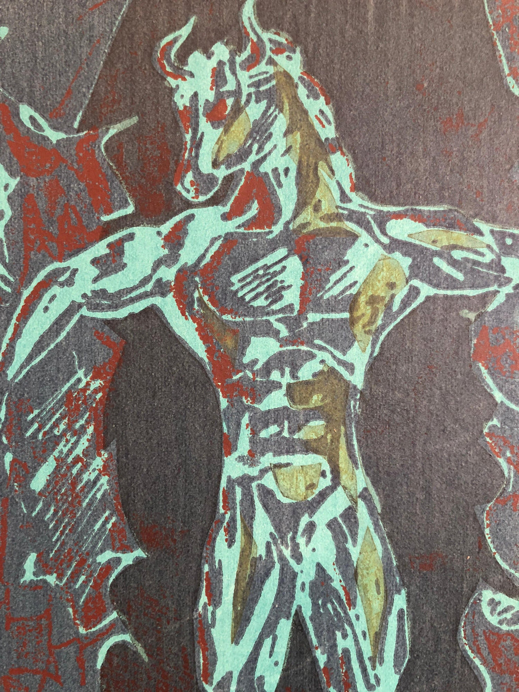 Vintage Vibrant Mod Mythological 1960's Psychedelic Woodblock Woodcut Print