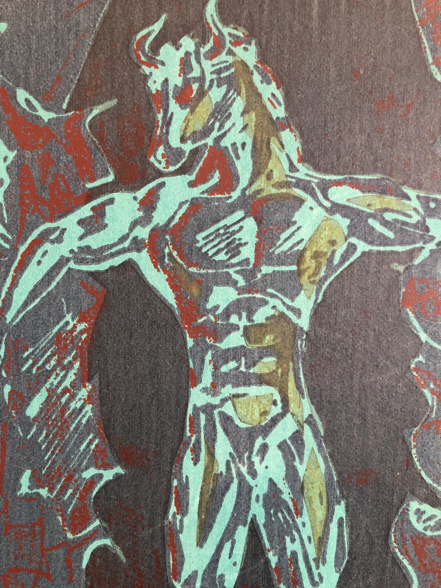 Vintage Vibrant Mod Mythological 1960's Psychedelic Woodblock Woodcut Print