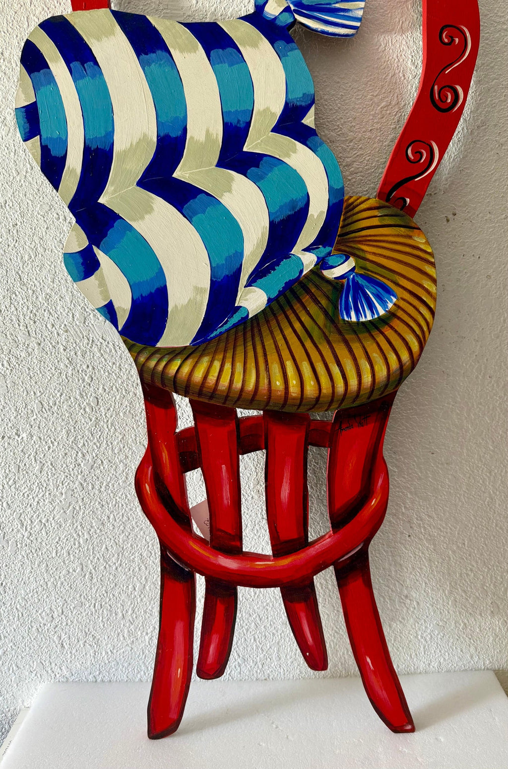 Pop Art Painting Carved Wall Sculpture Amanda Watt Thatched Chair Vibrant Color
