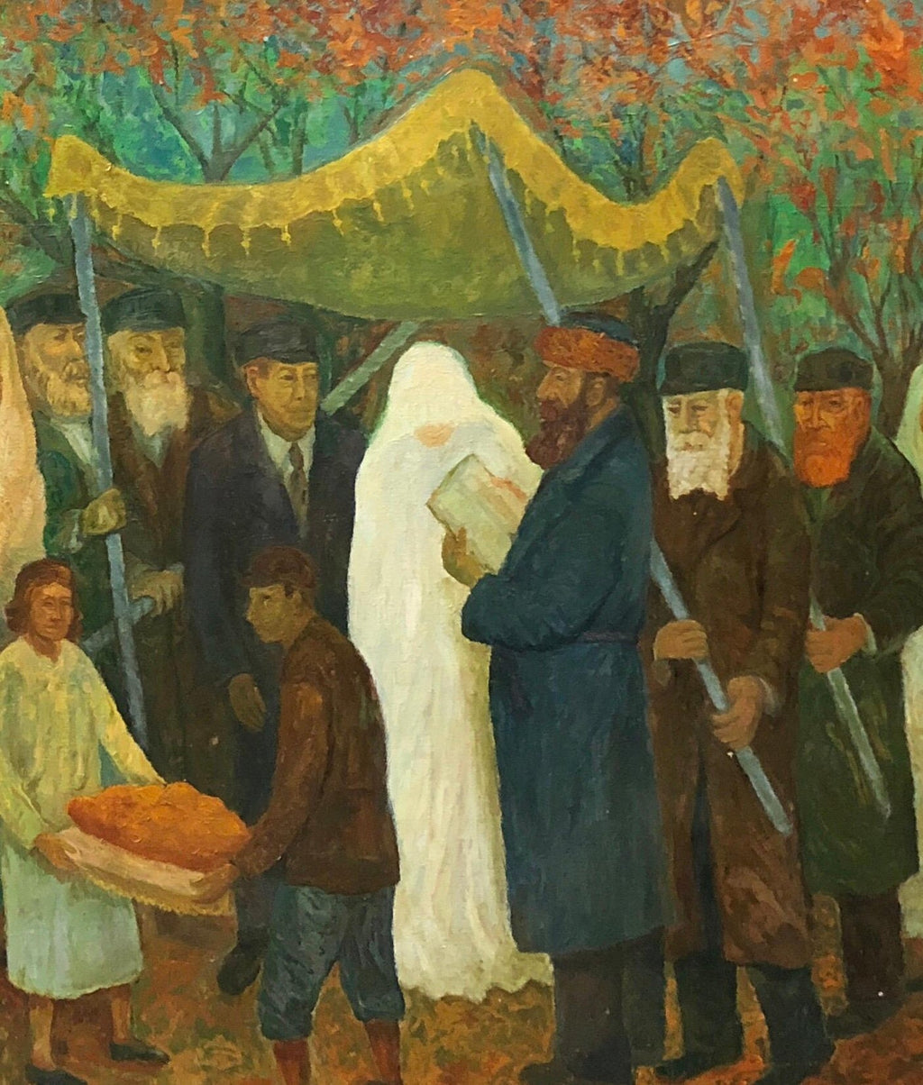 Large Judaica Oil Painting, Polish Jewish Wedding in the Shtetl Chaim Goldberg