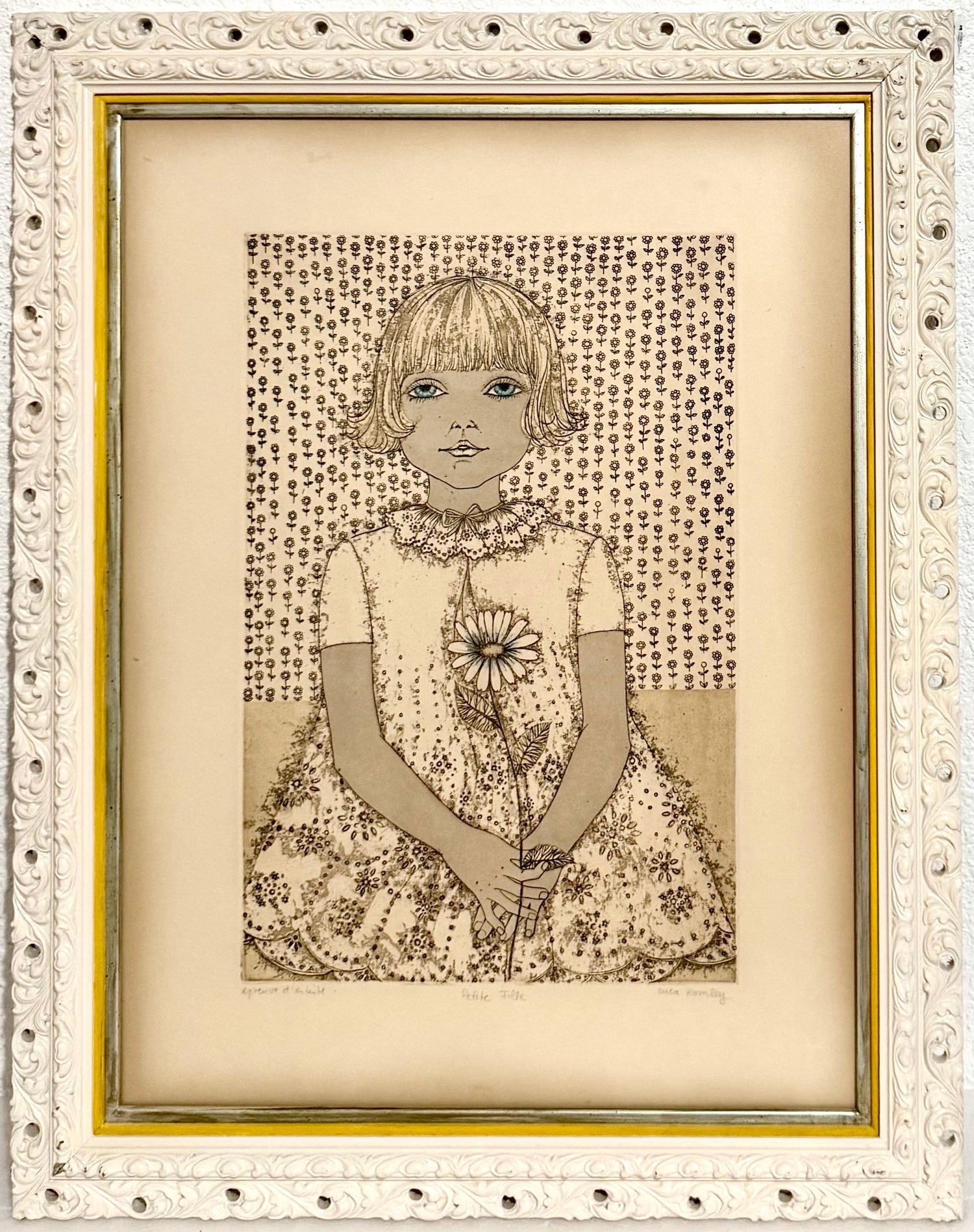 Hand Colored Etching Cuca Romley Naive Folk Art Young Girl Period Frame