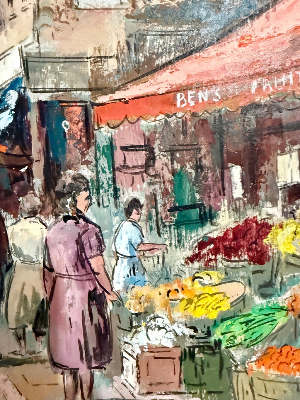Modernist Oil Painting George Schwacha Brooklyn Street Scene Fruit Market WPA