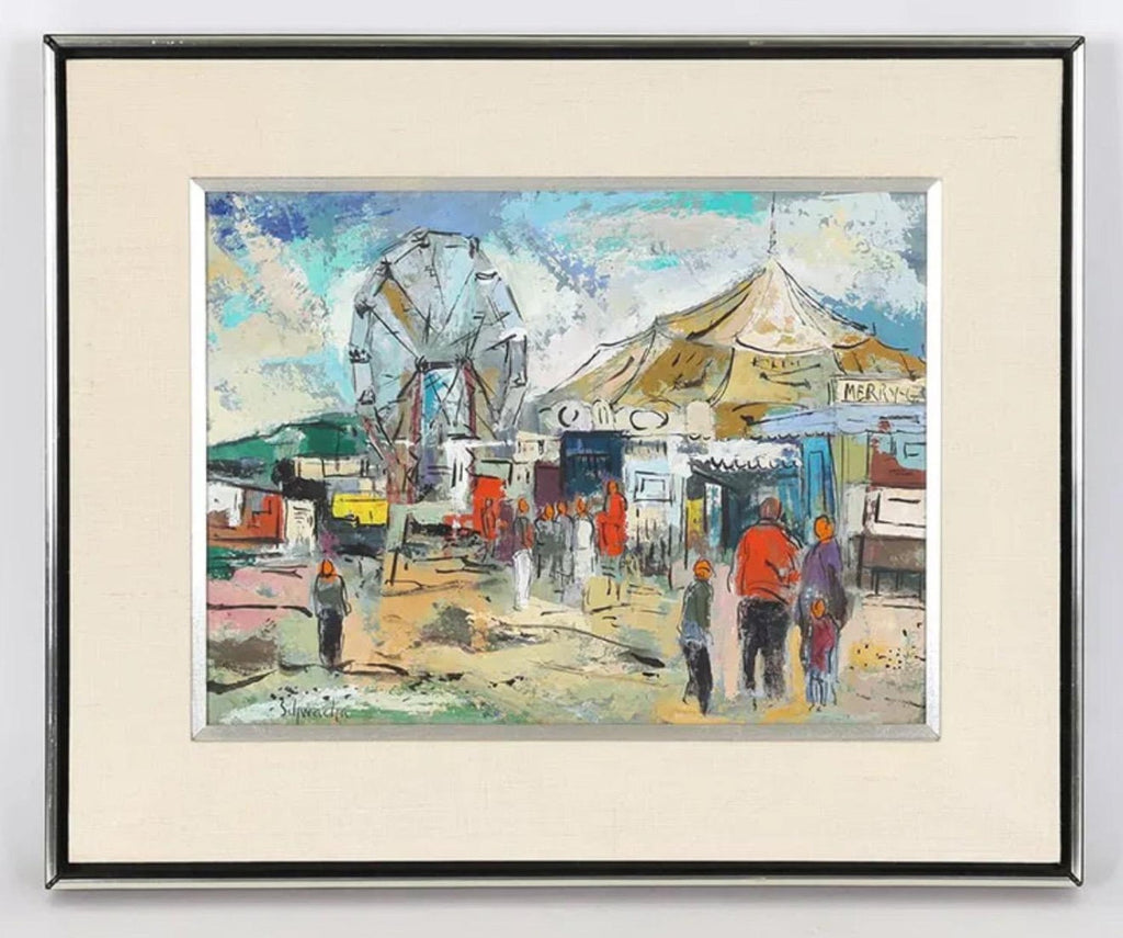 Modernist Oil Painting George Schwacha Carnival Circus Big Top Ferris Wheel WPA