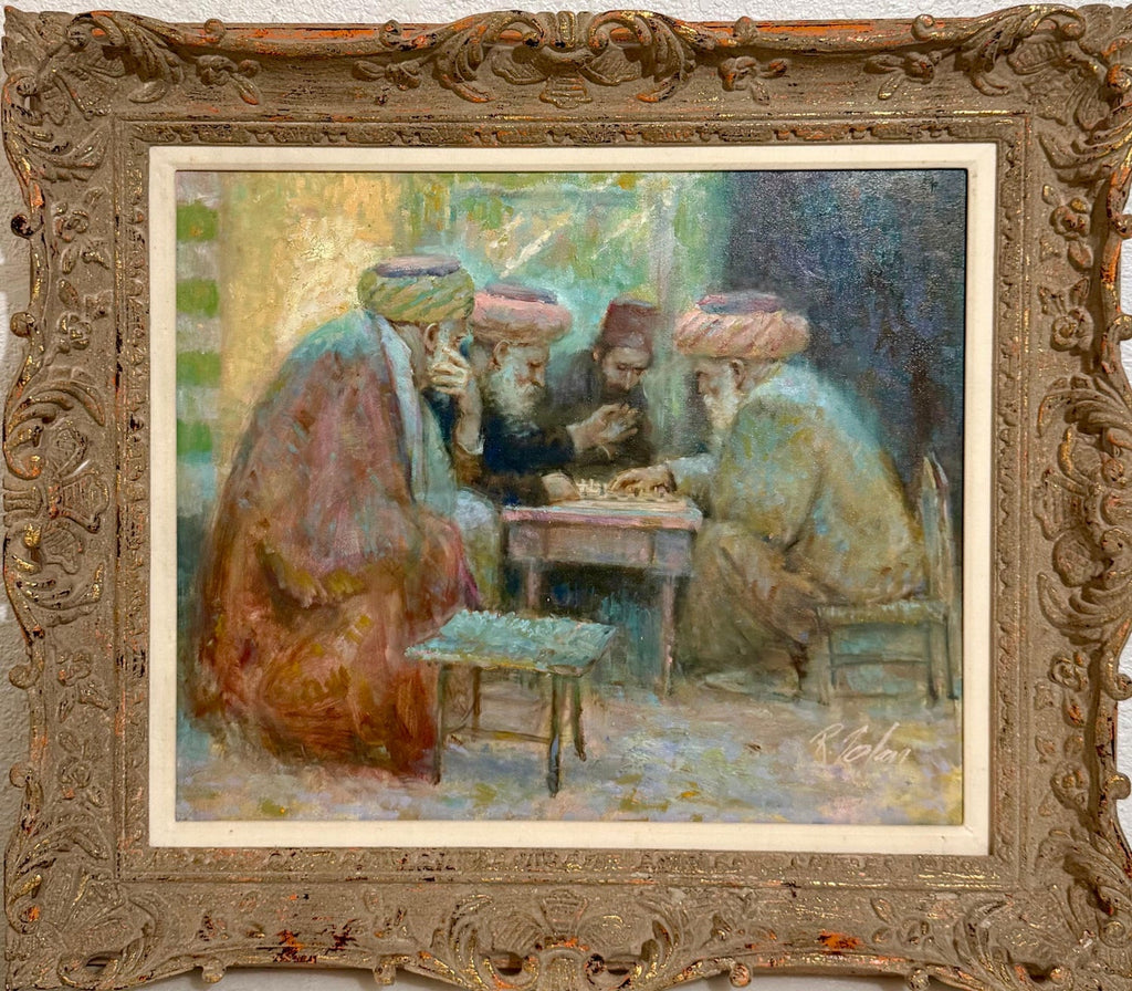 Richard Zolan Impressionist Oil Painting Judaica Sephardic Rabbi Playing Chess
