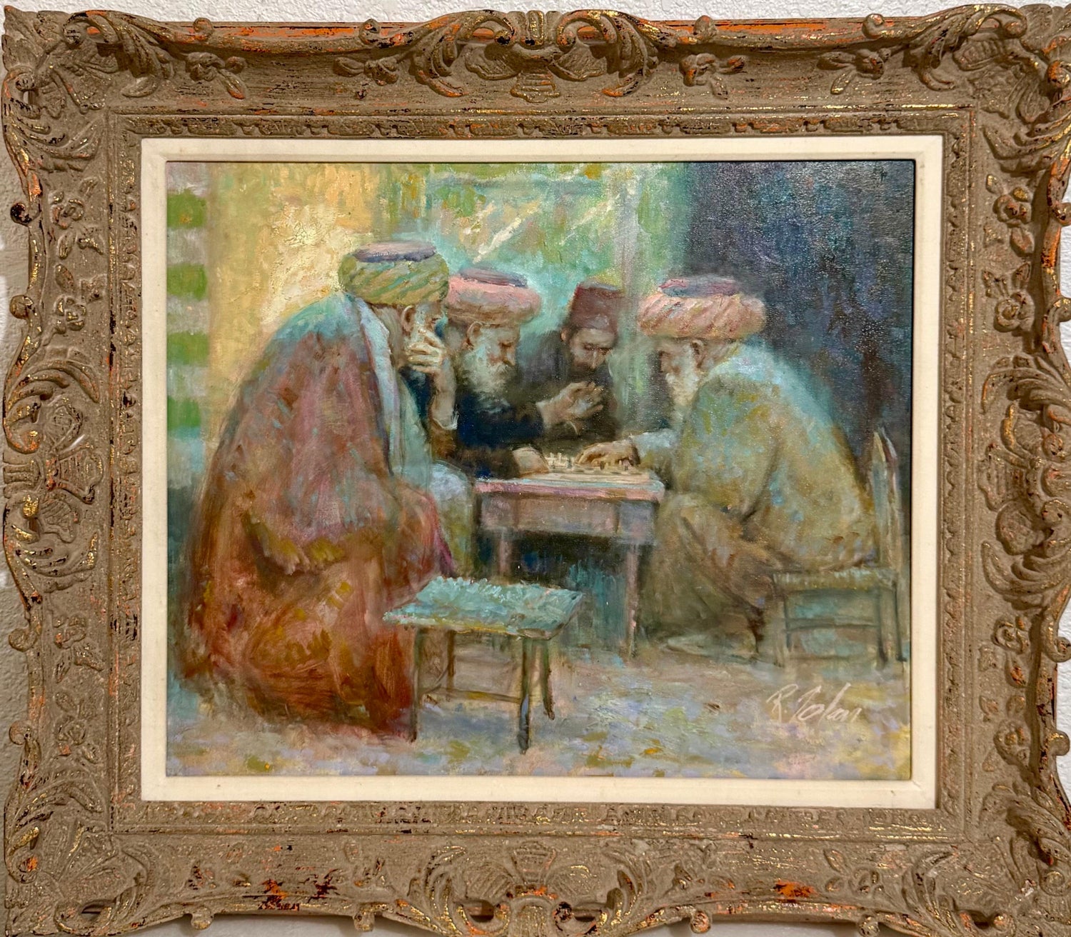 Richard Zolan Impressionist Oil Painting Judaica Sephardic Rabbi Playing Chess