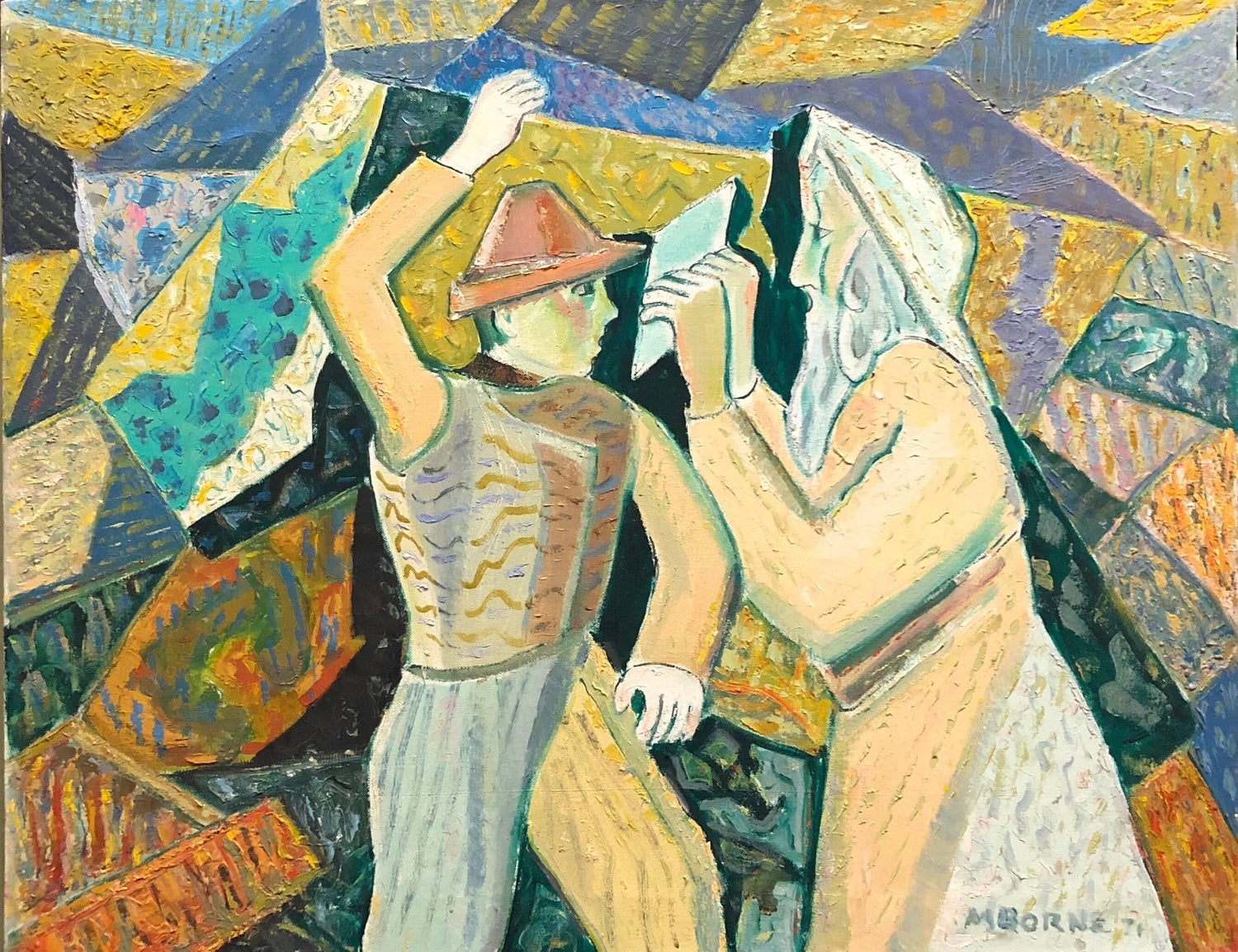 Judaica Modernist Oil Painting 'Know Thyself' Israeli Kibbutz Pioneer, Prophet