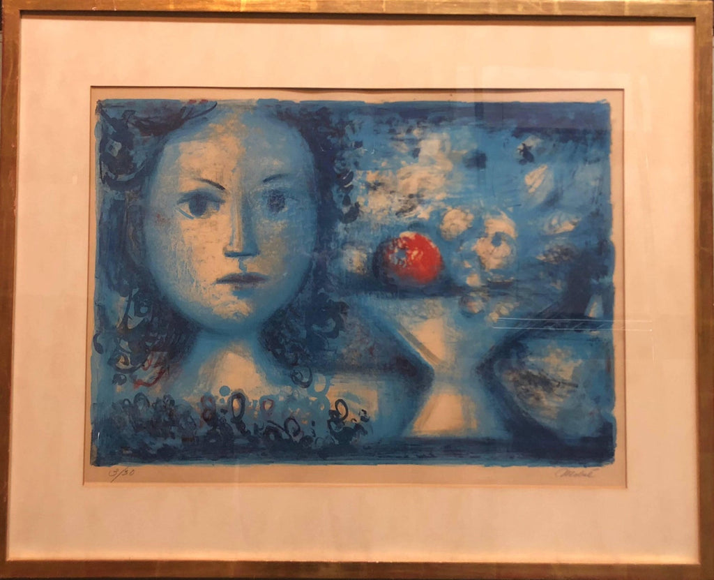 Spanish Catalan Surrealist Lithograph Portrait Girl with Fruit Still Life