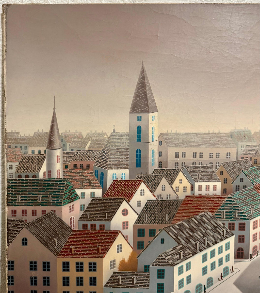 Large Surrealist French Japanese European Cityscape Oil painting Foussa Itaya